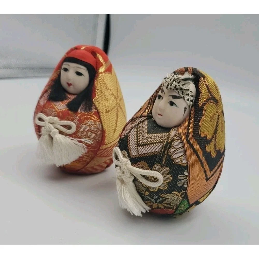Vintage Couple Japanese Wedding Hime Daruma‎ Dolls Round Shelf Statue Display